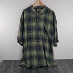Tommy Bahama XL Mens Silk Olive and Dark Green Plaid Short-Sleeve Button-Up